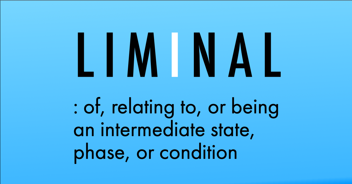 On a blue background, the word LIMINAL. Below it: "of, relating to, or being an intermediate state, phase, or condition"